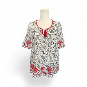 🆕 🤍❤️ NWOT J. JILL White & Black Peasant Blouse w/ Red Embroidery | Sz M
